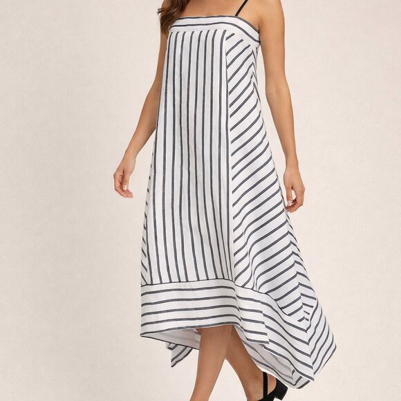 Dkny Dresses & Skirts - DKNY black & white striped sleeveless linen Asymmetrical hem midi dress sz S